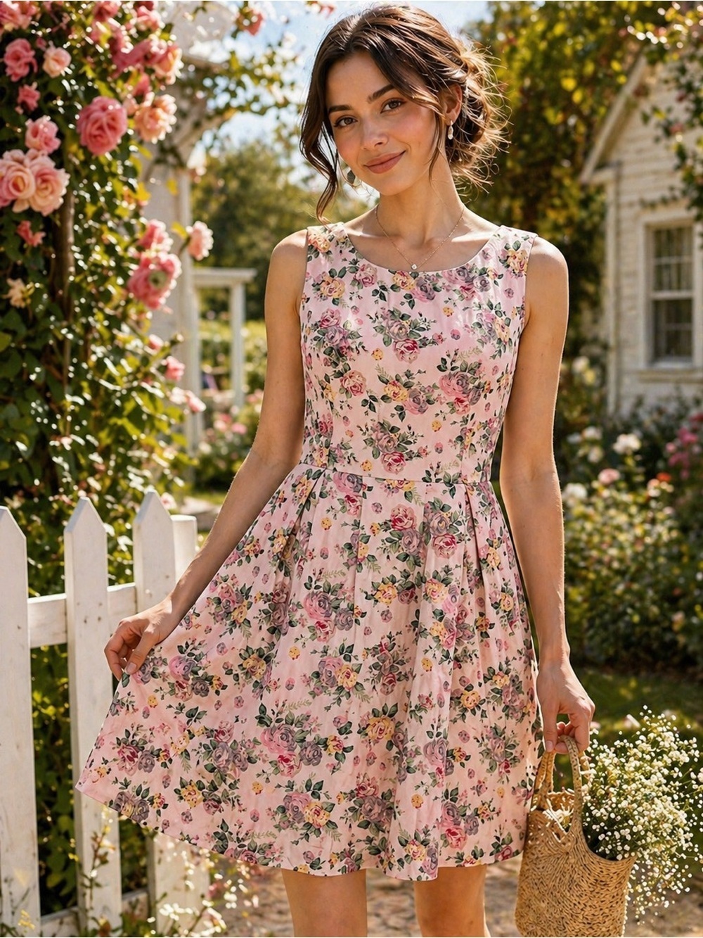 Pink Martini Floral Fit & Flare Dress Medium | Blush Cottagecore Garden Party